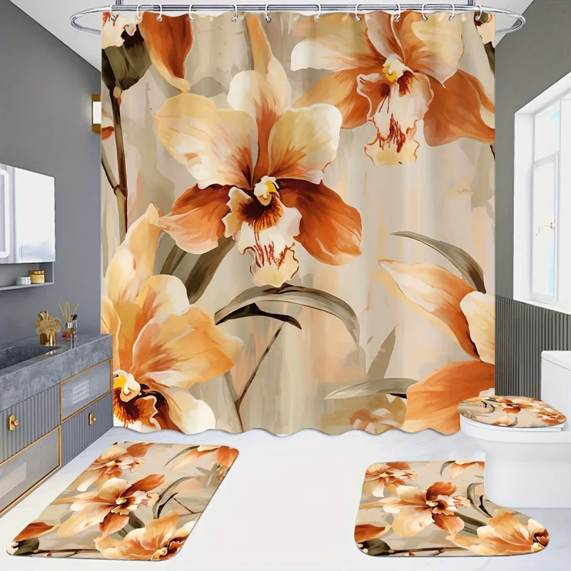 

Винтажный оранжевый цветочный водостойкий комплект занавесок для душа с ковриком для ванной, U-образным ковриком и крышкой для унитаза, вязаным полиэстером, M