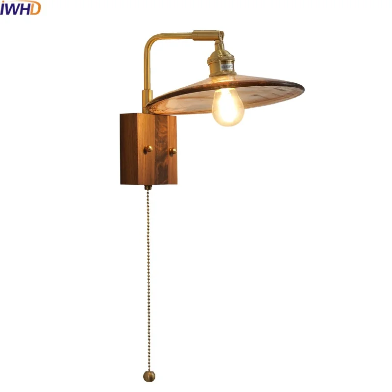 

IWHD Pull Chain Switch LED Wall Light Fixtures Balcony Bedroom Living Room Glass Copper Modern Bedside Lamp Espejo Pared