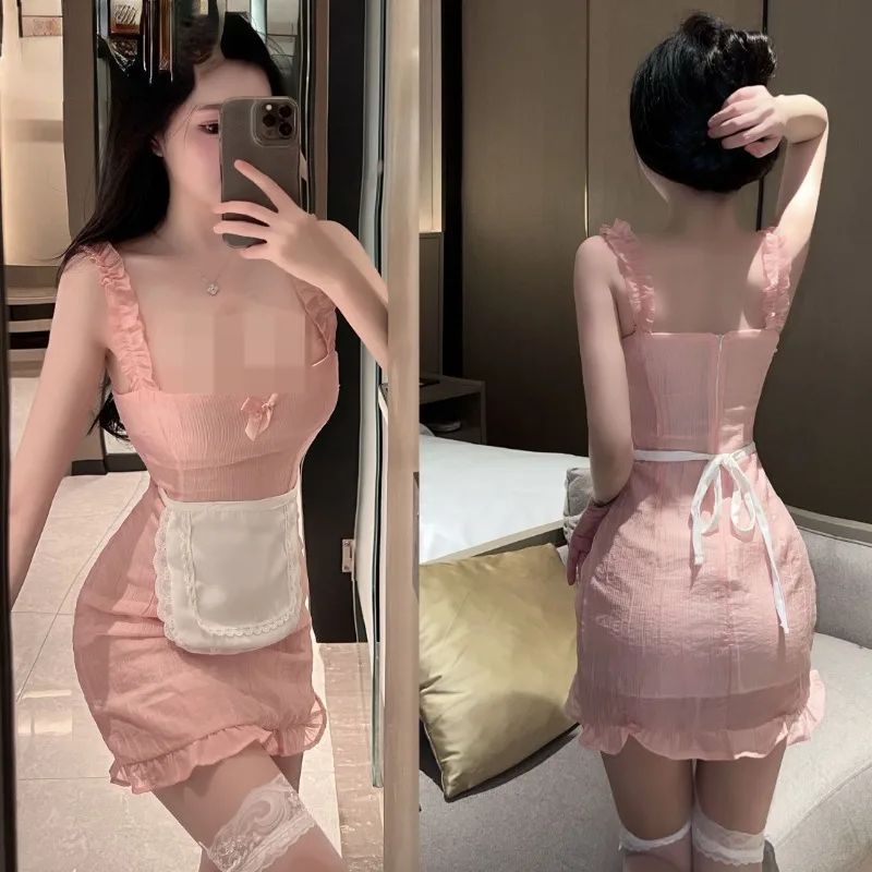 

Anime Girls Sexy Cosplay Lolita Maid Dress Pink Hollow Out Ruffle Bandage Sleeveless Women Role Play Kawaii Dress Costume