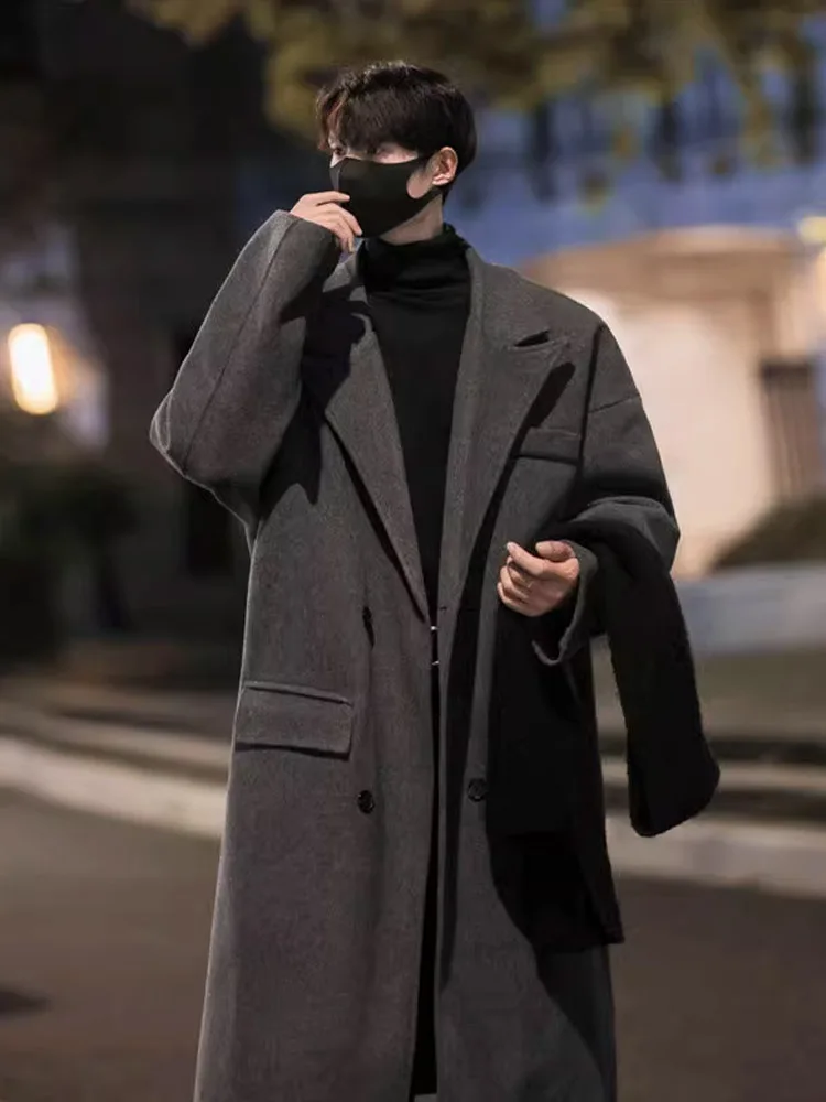 

ay Woolen Men's Coat Autumn Winter Mid-Length Thi Korean Sle Aosphere High-End Feeling Woolen Coat Jaet for Men