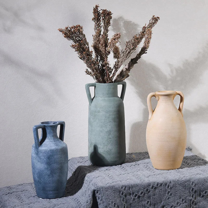 Vintage Style Double Ear Ceramic Vase, Living Room Flower Arrangement Container, Handmade Coarse Pottery Jar, Home Decoration