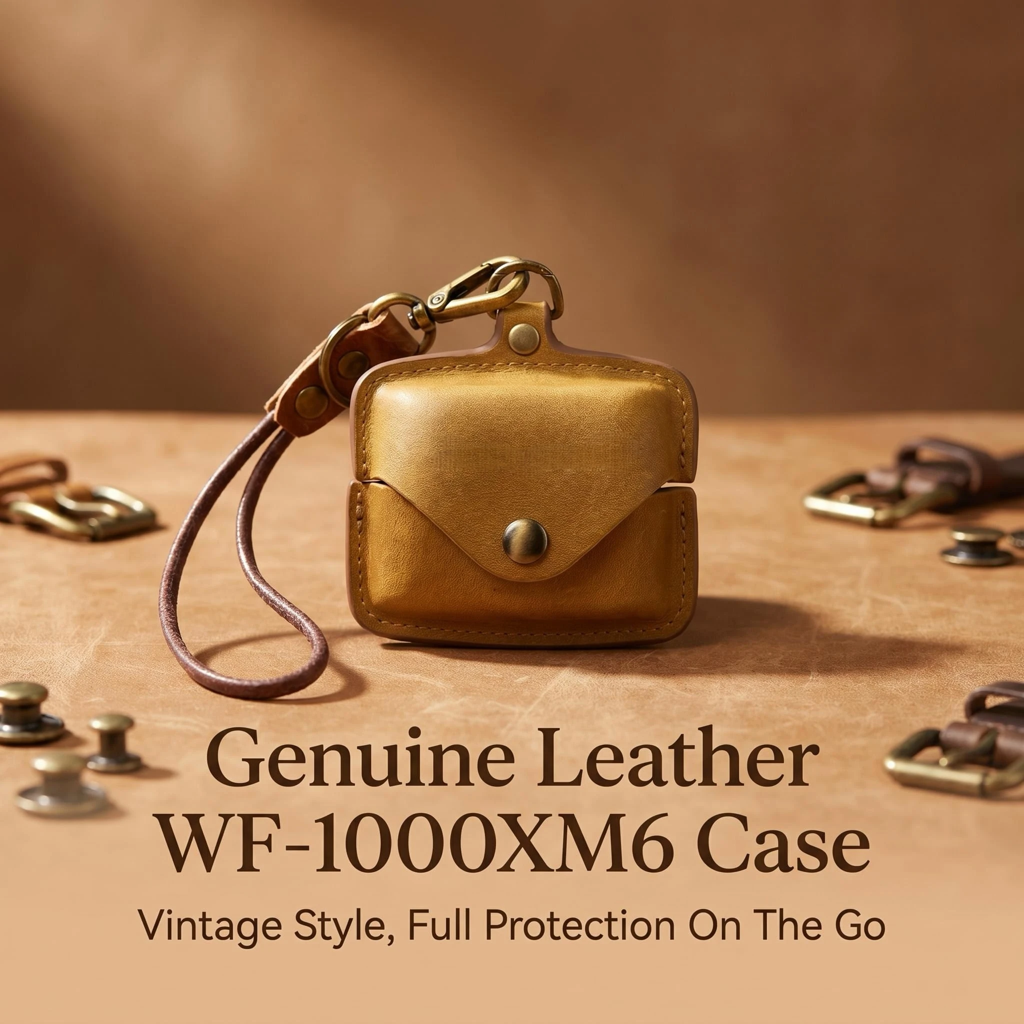 For Sony WF-1000XM6 Crazy Horse Leather Earbuds Case, One-Piece Vintage Protective Cover, Charging & Reset Holes, Strap