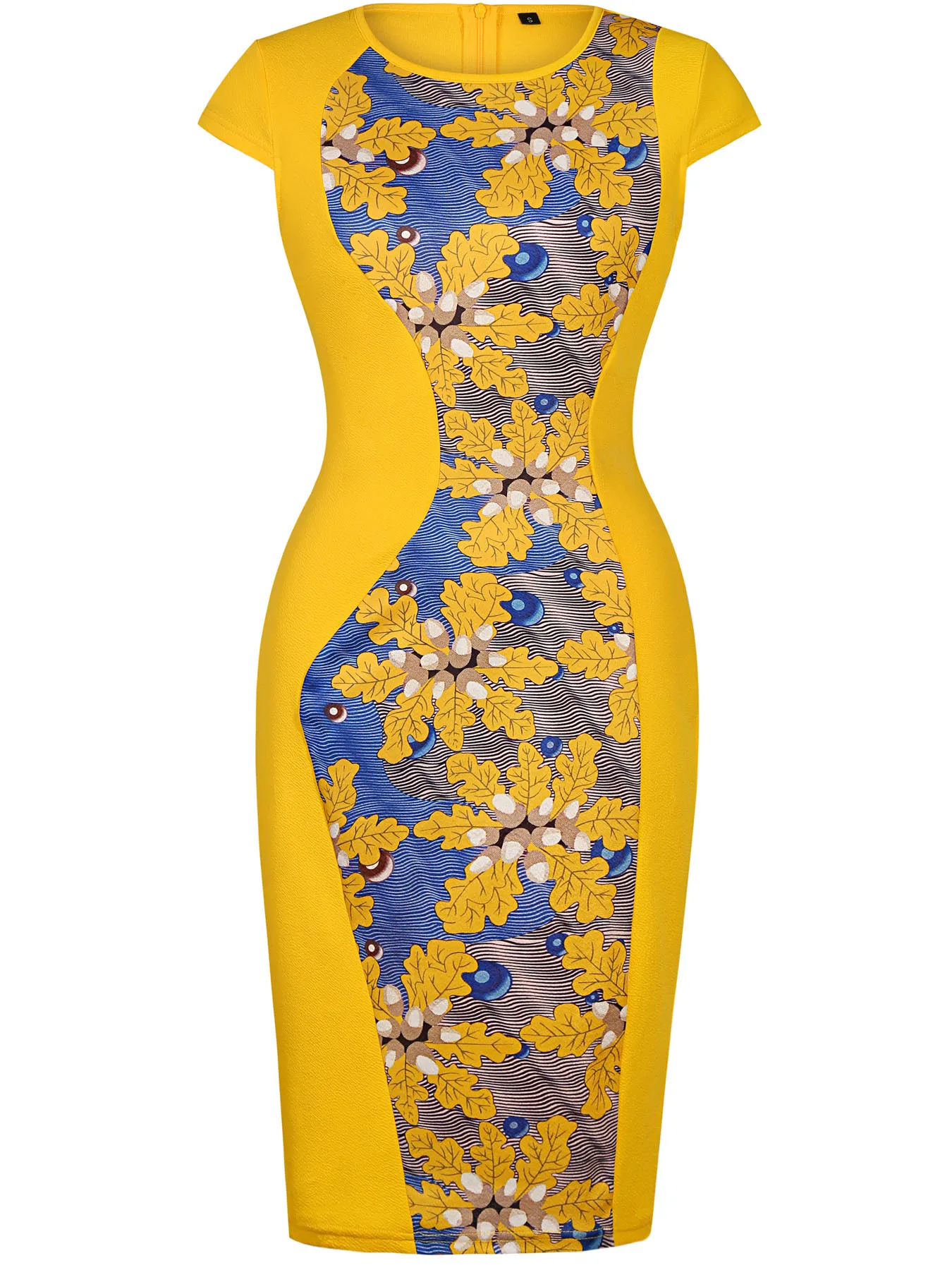Women Round Neck Short Sleeve Elegant Ankara Print Bodycon Pencil Midi Dress