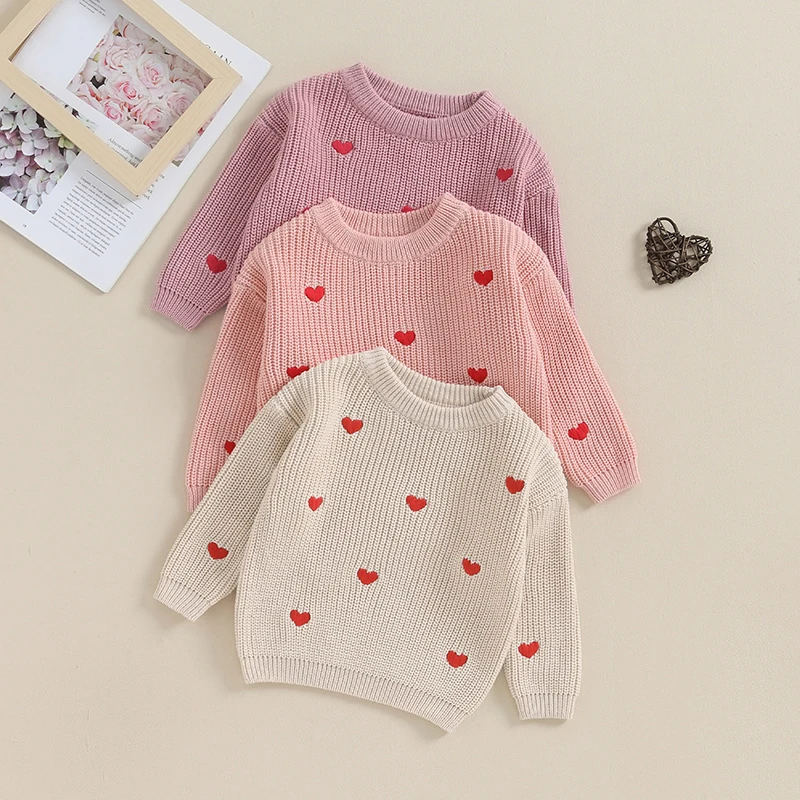 2023-10-12 Lioraitiin 0-18M Baby Girl Knit Sweater Love Heart Embroidery Sweatshirt Pullover Tops Infant Valentine\'s Day Clothes