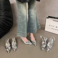 Shoes Woman 2024 Trend Brand Pumps Fashion Bling Sequin Pointed Toe Shallow Slip Nude Shoes High Wedges Heel Pumps Shoes
