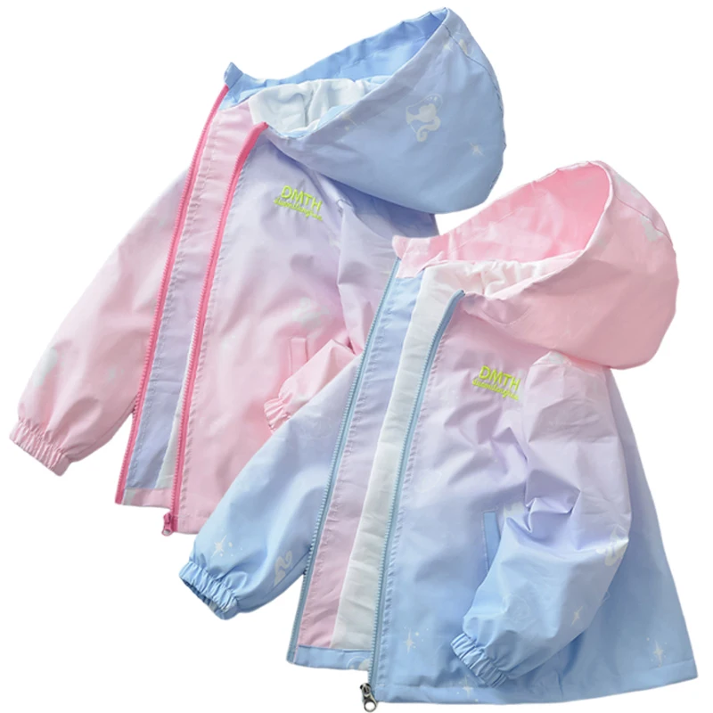 

2024 Korean Fashion Jacket For Girls Spring Autumn Teenager Casual Gradient Hooded Coats Kids Boys Windproof Cute Windbreaker