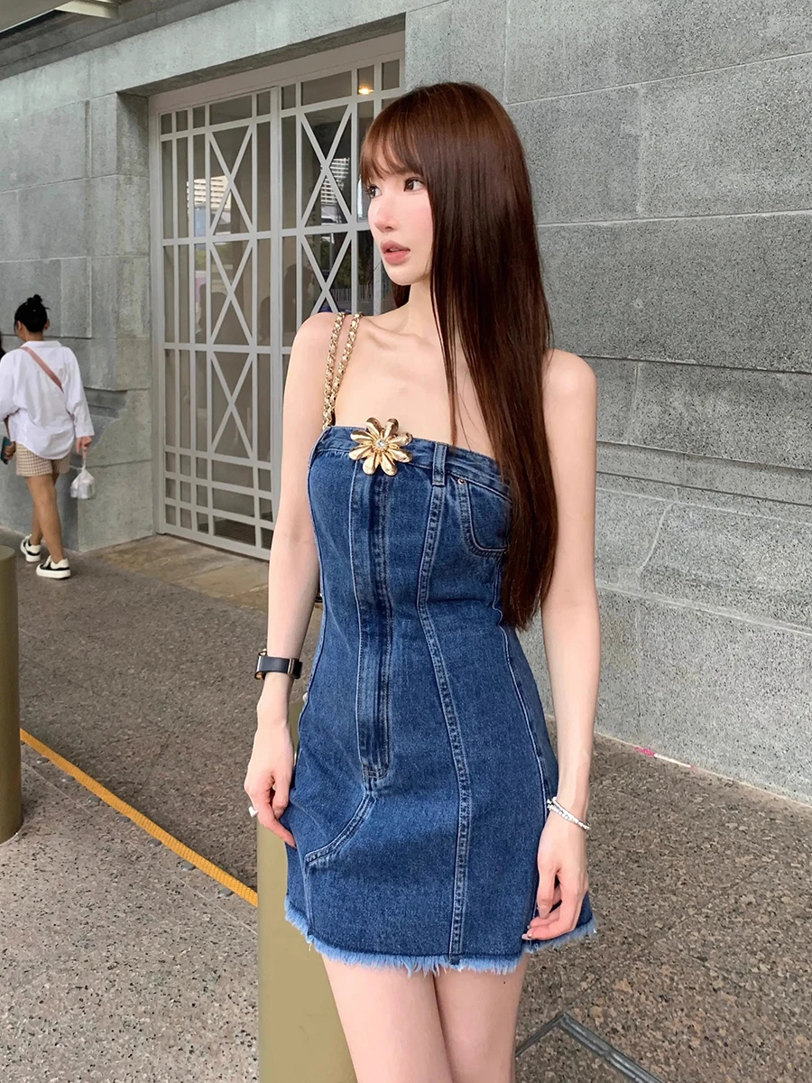 REDDACHiC Heart-shaped Seam Denim Mini Dress Women Solid Frayed Irregular Spliced Flower Corset One-piece Casual Summer Clothes