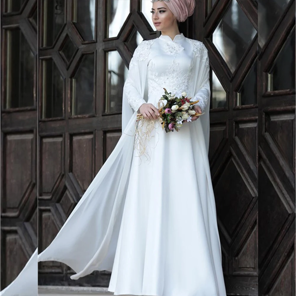 

Holy Wedding Dresses with Cape High Neck Long Sleeve Muslim Bride Dress Appliques Beading A-Line Garden Bridal Gowns Customized