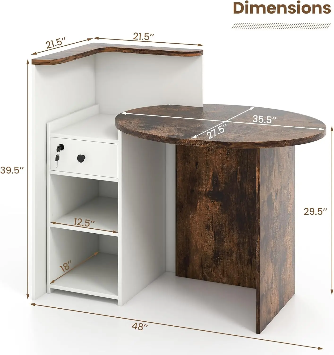 Front Counter Desk with Lockable Drawer, Checkout Table with Round Tabletop, Corner Shelf & Adjustable Shelf