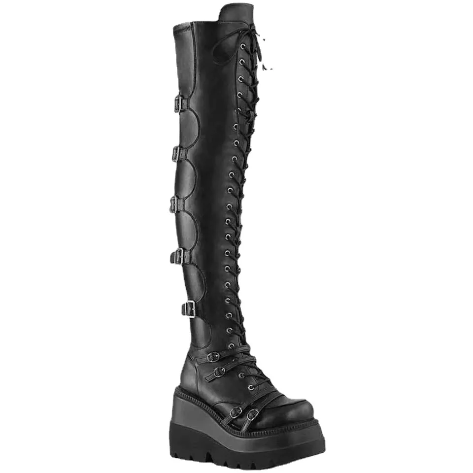 

2025 High Boots Black Punk Gothic Woman Sexy Long Boots Large Size Women Platform Shoes Leather Knight Boots Wedges