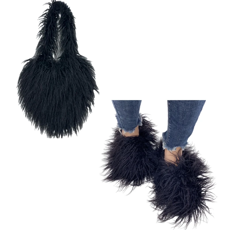 Outside Fashion Fluffy Sheep Mongolia Fur Sliper Shose And Heart Shaped Bag For Women And Men