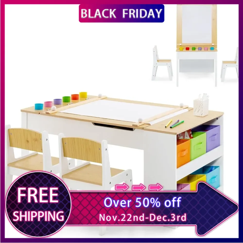 3 in 1 Kids Table and Chair Set, Toddler Craft Play Wood Activity Desk with 2 Chairs Storage Canvas Bins Paper Roll for Writing