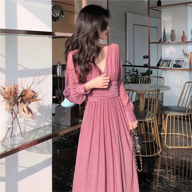 SUSOLA Vintage Glitter Long Maxi Dress Women Spring High Waist Long Sleeve Elegant Boho Dress Shiny Party Dress Sexy