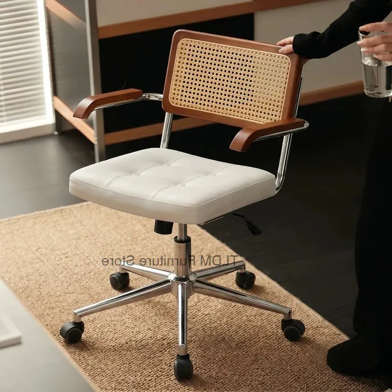 Padded Rattan Seat Panel Back Armrest Office Chair Wooden Tufted Swivel Velvet Rolling Desk Chair for Study Workspace Home