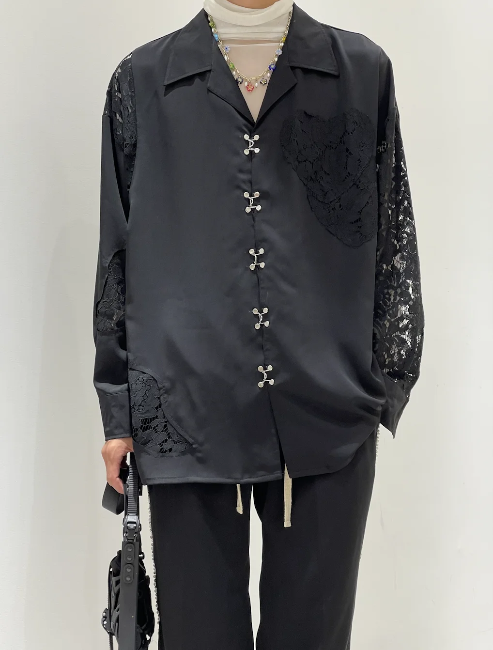 2022 Original design black lace long sleeve shirt stitching men's micro transparent shirt men's and women's loose edition