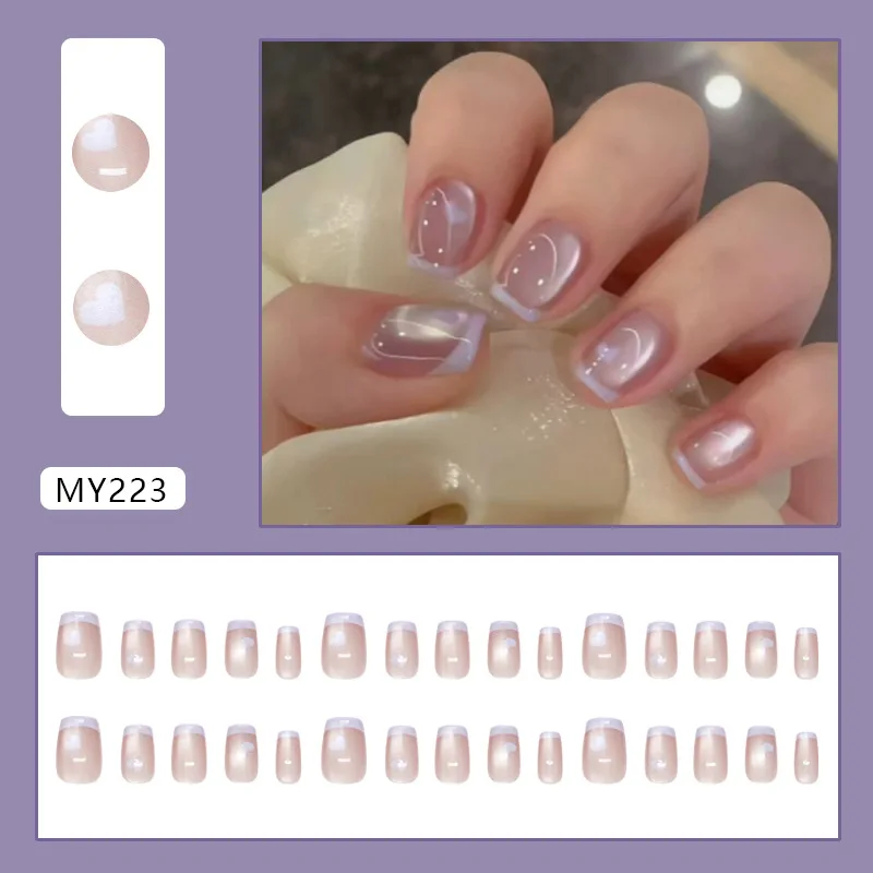 24pcs Nude Pink Cat Eye Press On Nails White French Tip Line Dot Minimalist False Nail Short Square Fake Nail for Women&Girl 2