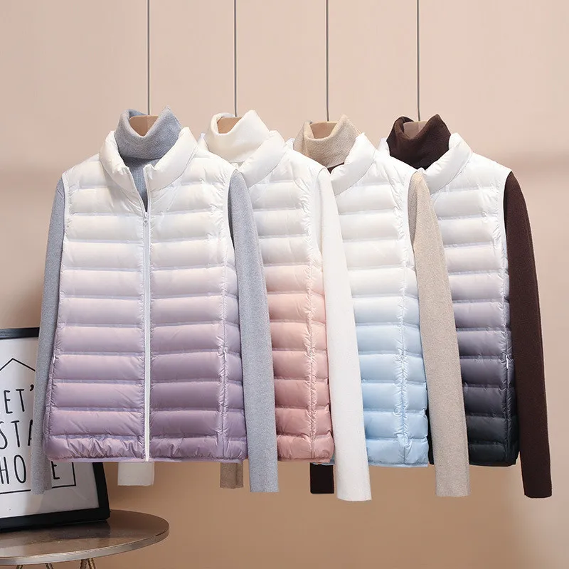 Women Gradien Stand Collar Down Waistcoat Jacket Ultra Light White Duck Down Vest Parka Ladies Sleeveless Short Warm Tank Coat