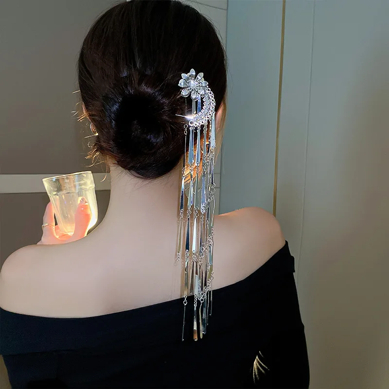 Vintage Chinese Style Hanfu Metal Hair Stick Silver Color Hairpin With Long Tassel Women\'s Hair Fork Diy Hairstyle Accessories