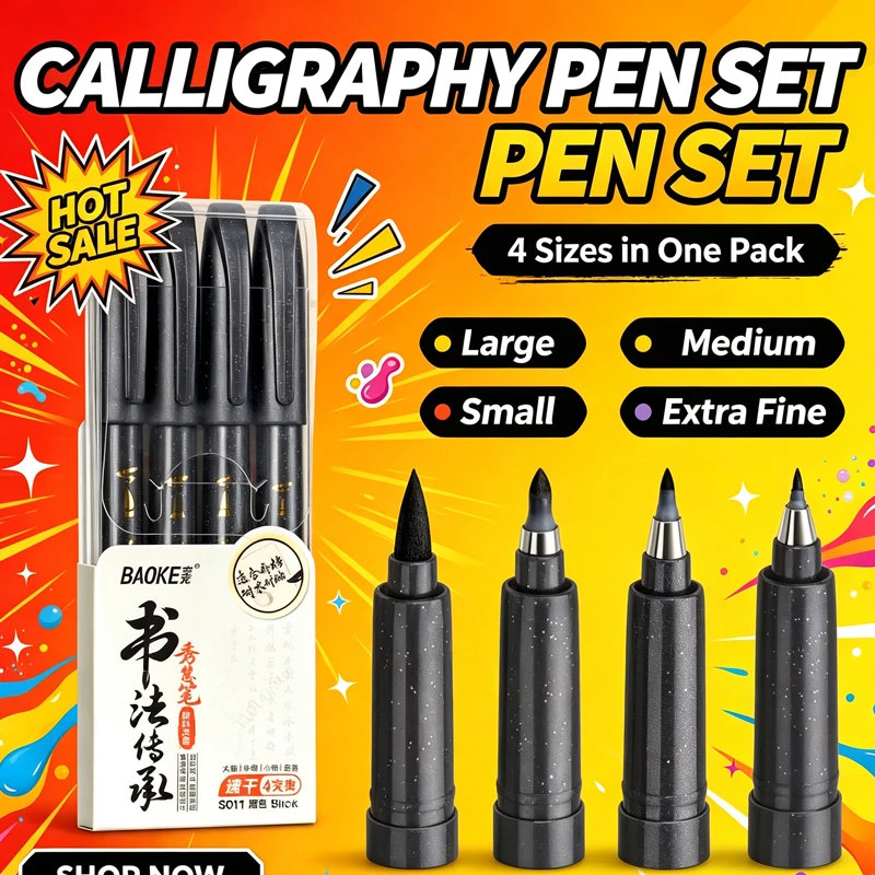 BAOKE 4Tips Calligraphy Pen Set for Writing, Drawing & Hand Lettering, Black Ink Brush Markers Sketching Art Supplies for Artist