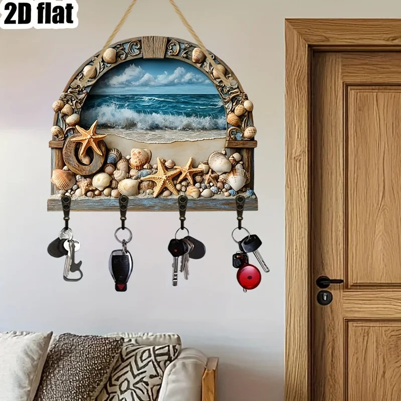 2D flat wooden key rack with an ocean theme and beach scene art design - measuring 29.97 x 24.89 centimeters,