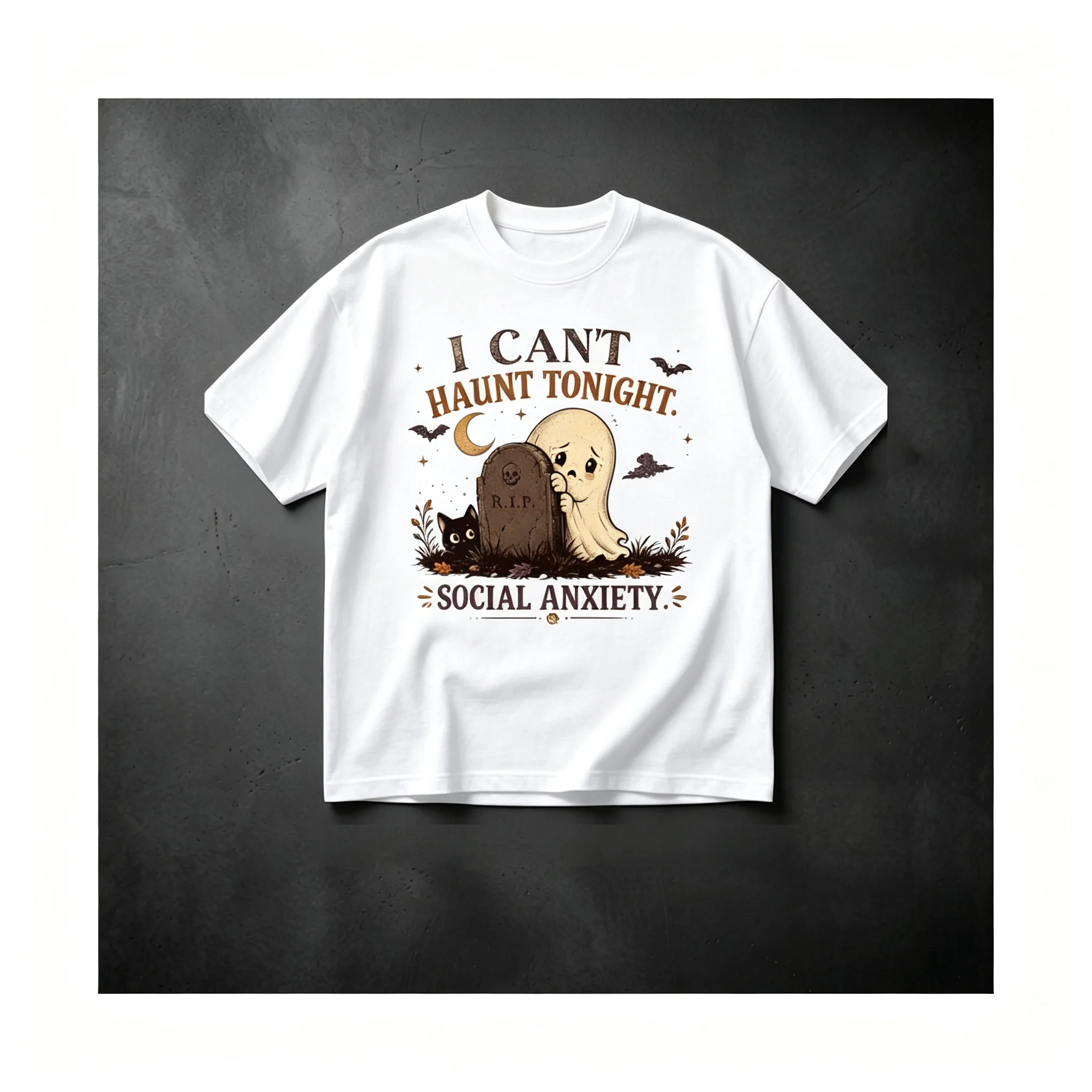 I Can't Haunt Tonight Social Anxiety Halloween Ghost T Shirt Men Women Funny Cartoon Print Short Sleeve Casual Top