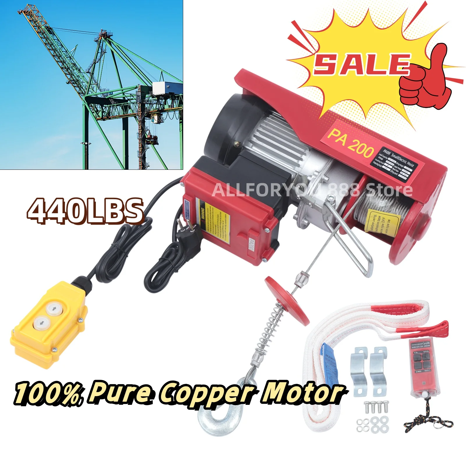 Electric Winch Rope Hoist With Handle Switch Remote Control Machine And Lifting Weight MAX.200KG