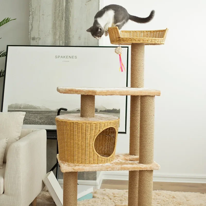 Rattan Feline Mansion, Sisal Scratch Pillar, Built-in Waste Tray, Anti-abrasion Pet Playhouse