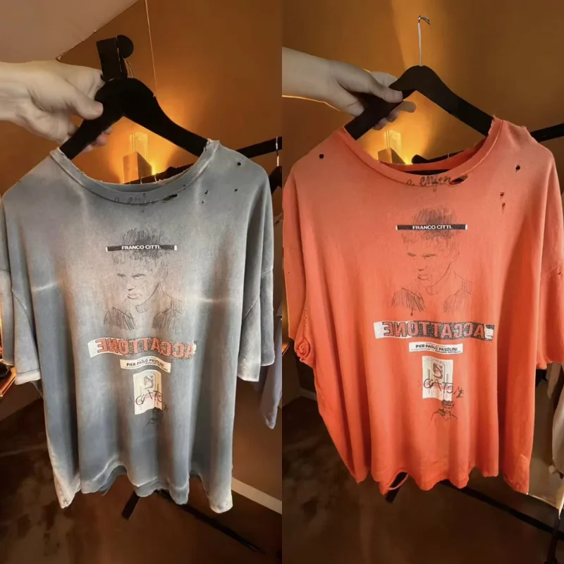 2026ss Washed PALY Damaged Hole Tshirt High Street Retro Portrait Print Women Men Short Sleeve Tee