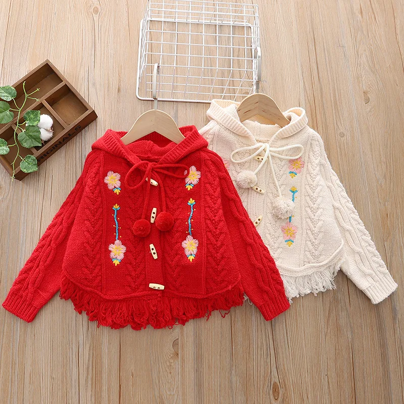 Spring Autumn Children Girls Cardigan Cloak Flower Embroidery Tassels Hem Kid Girls Sweater Coat Soft Weaved Hooded Girls Jacket