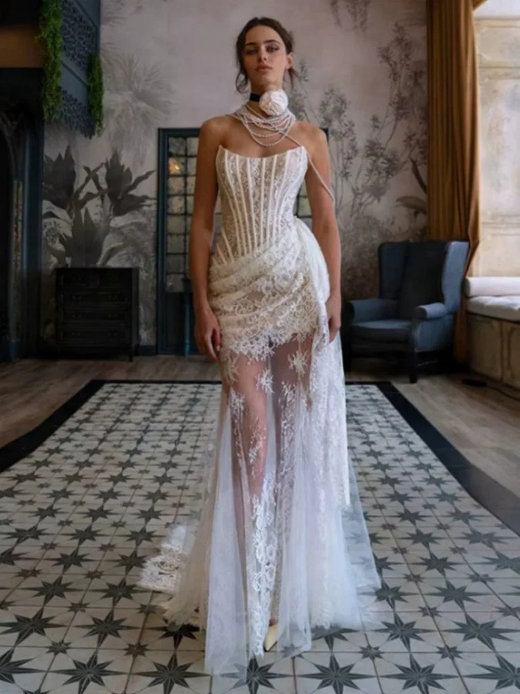 

2025 Women Celebrity Sexy Strapless Lace Patchwork White Maxi Long Dress Elegant Evening Party Club Vestido