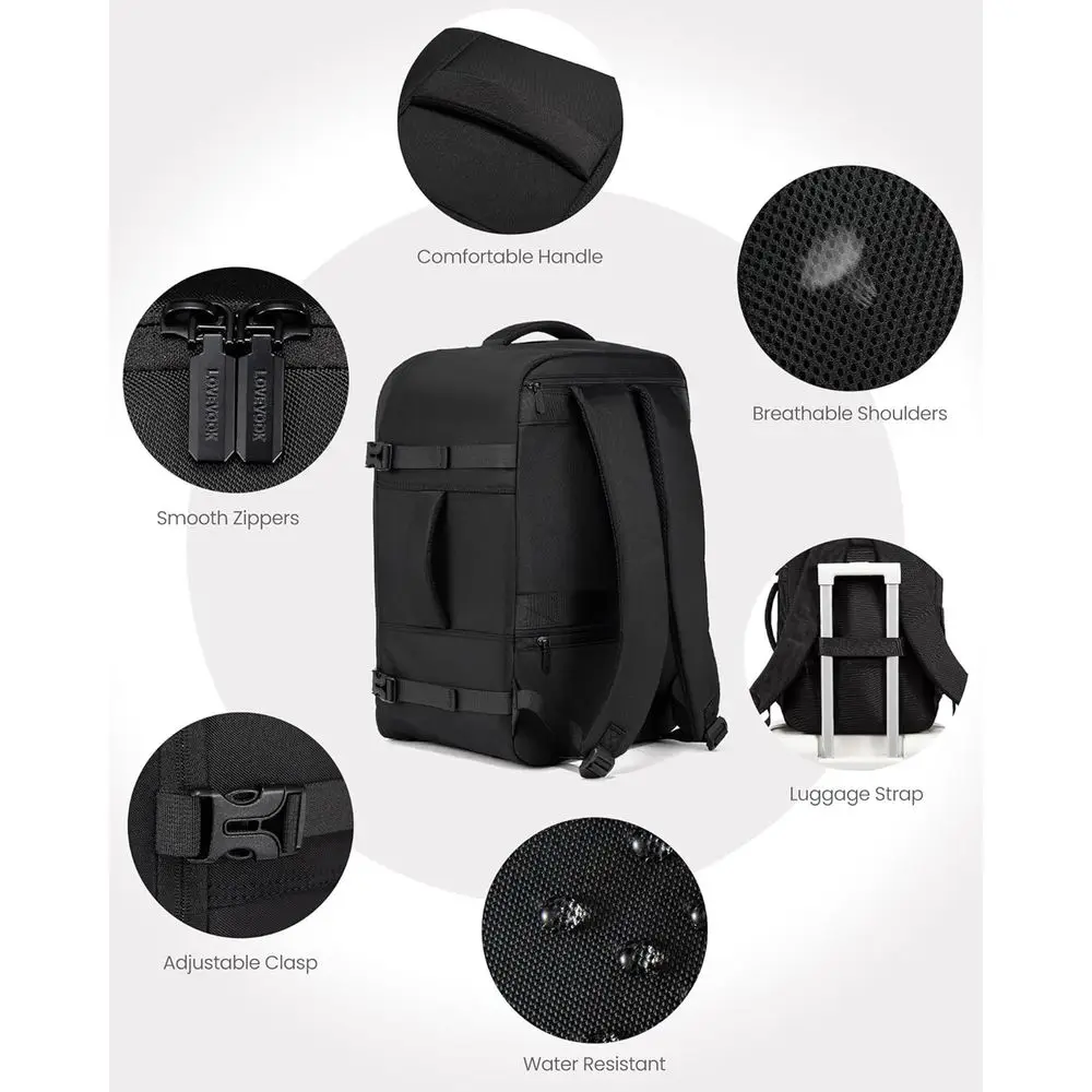 Mochila de viagem masculina 40L, aprovada para bagagem, 3 cubos de embalagem, cabe em laptop 17,3, resistente à água, preta