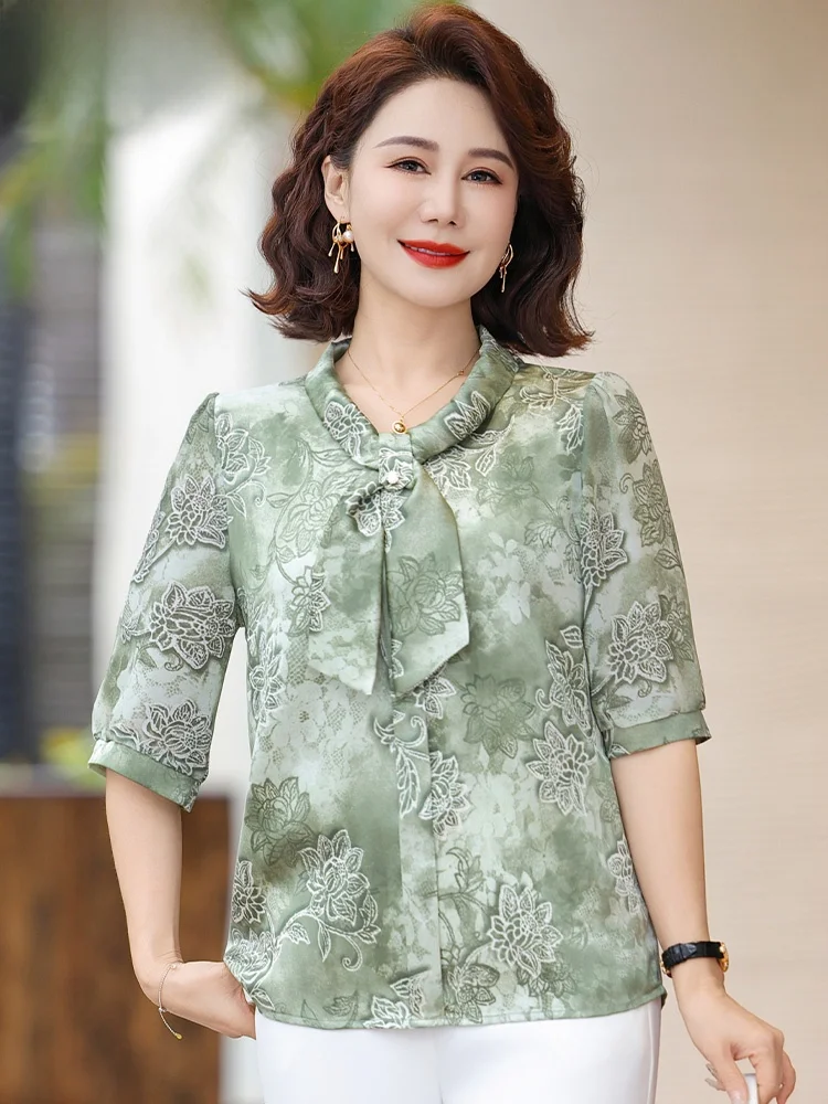

New Chinese Sle Summer Outfit Set Satin irt Middle Aged Women's Faion Loose Fit ort Sve V-Ne Midi Dr