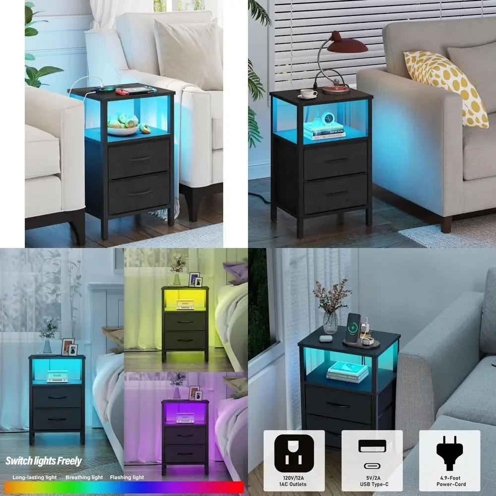 

Black Dual LED End Table with Charging Port & Outlet, Nightstand with Fabric Drawer, 2-Piece Couch Side Tables