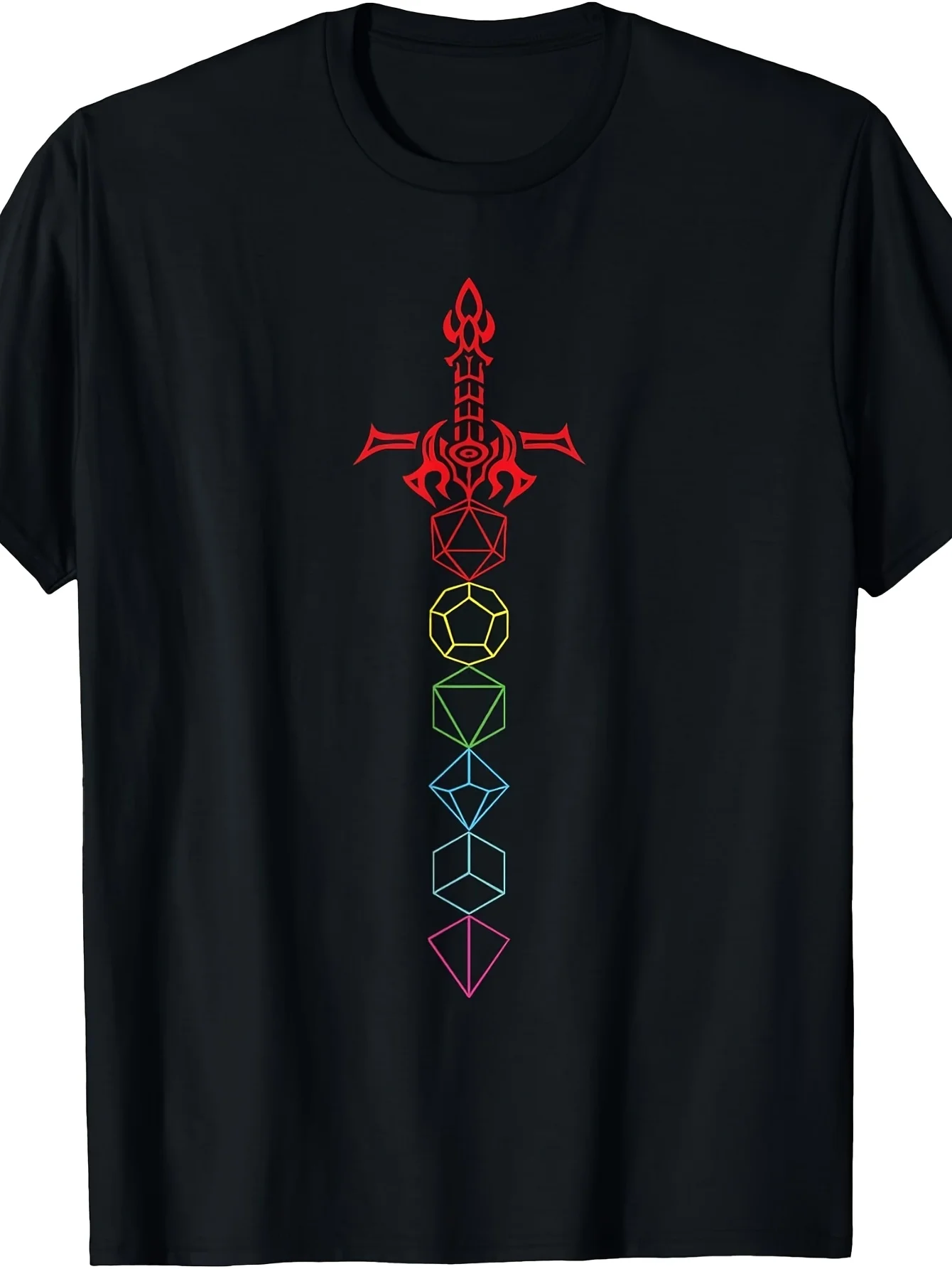 Dice Set Sword - RPG Tabletop Games D20 Tabletop T-Shirt | Same Style for Men and Women, 2026 Summer Short-Sleeved Printed T-Shirt, 180G, Vintage Crew Neck, Regular Fit, Drawing Pattern