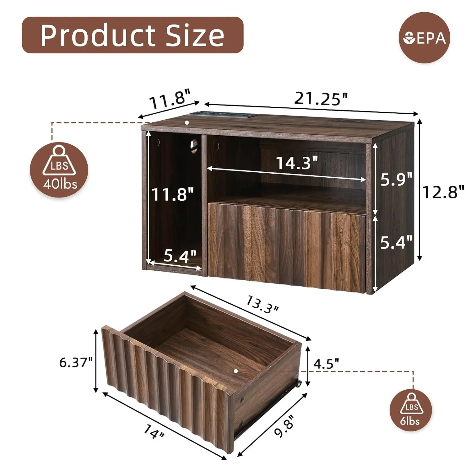 Walnut Floating Nightstand Set of 2 with Charging Station, Wall Mounted Bedside Shelf with USB & Outlet, Bedroom, Customized