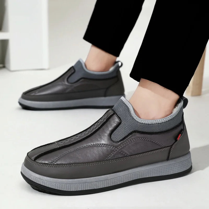 Winter Keep Warm Men Cotton Shoes PU Leather Outdoor Men Casual Shoes Thick Plush Comfort Walking Shoes Platform Slip-on Loafers