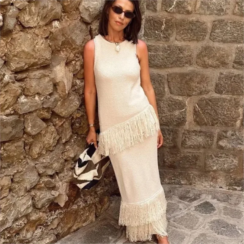 Elegant Tassel Sets For Women Solid O-neck Sleeveless Vest Straight Skirt Suit 2024 Summer New Chic Female Casual Set Streetwear