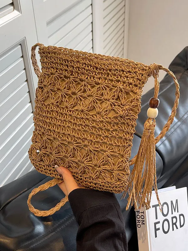 

Handwoven St Bag Women's Crossbody Beach Bag Tassel Trim Single oulder Small Bag Mobile Phone Bag Soft Korean Sle