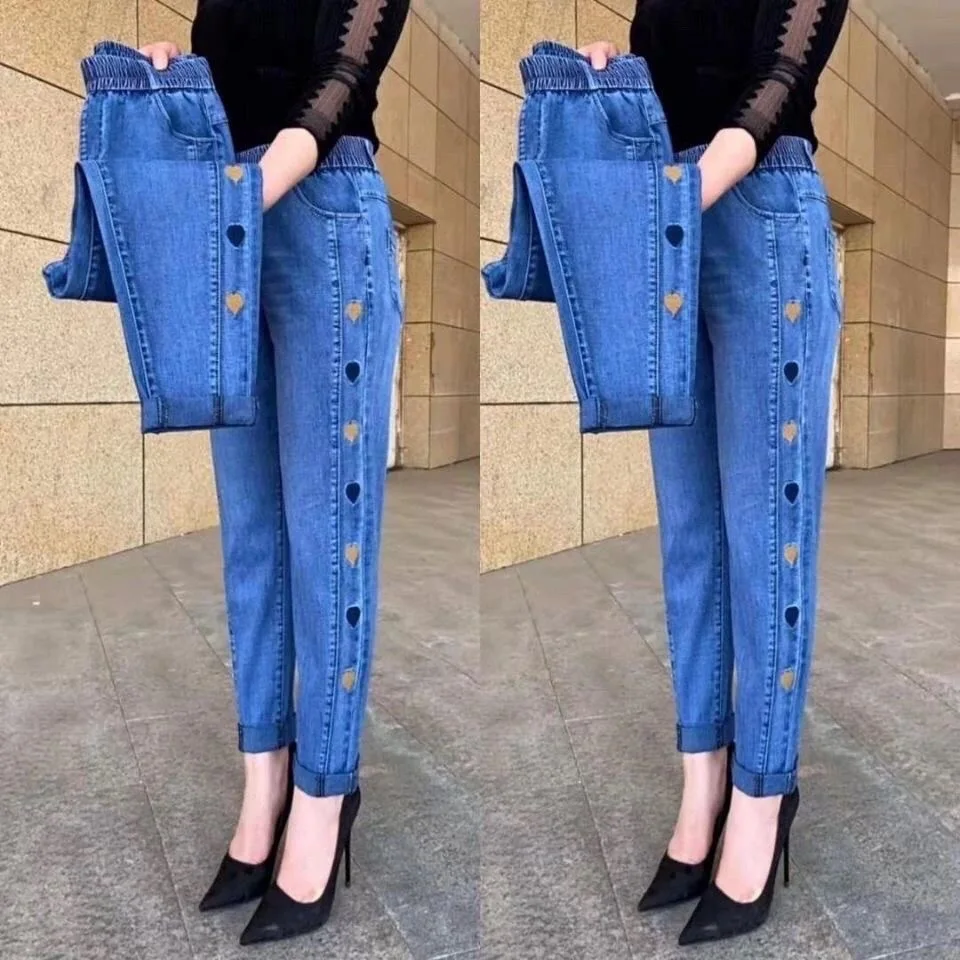 2024 New Blue Embroidered Jeans Women\'s Elastic Waist Harlan Pants Fashion Casual Trousers Women Slacks