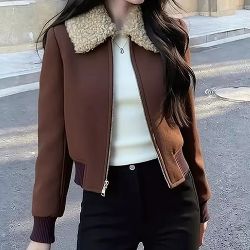 Women Faux Wool Cropped Bomber Jacket Fleece Lapel Zip‑Up Long‑Sleeve Loose Vintage Luxury Coat Warm New Winter Casual Outerwear