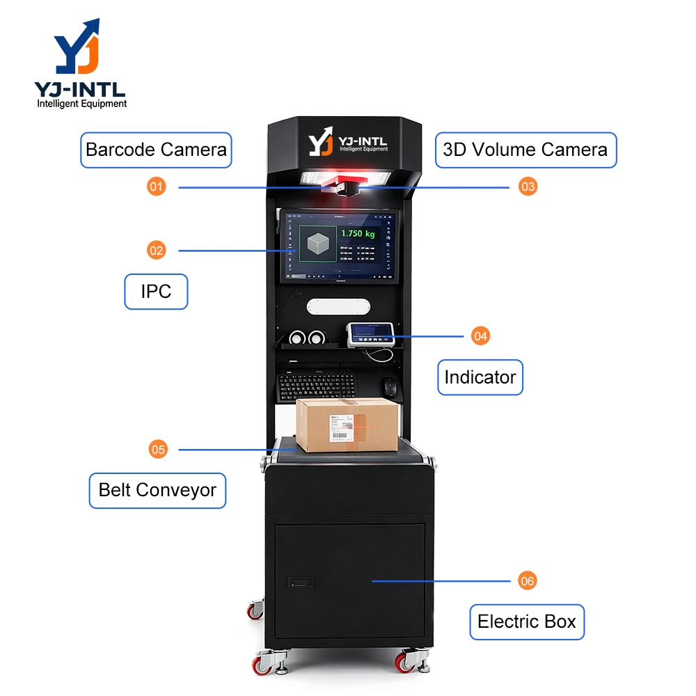 YJ-INTL YJ-SD-001 Express Tracking DWS Machine Top Scanning Dimensional Weight Parcel 50g Accuracy 3000 PPH Stainless Steel Belt