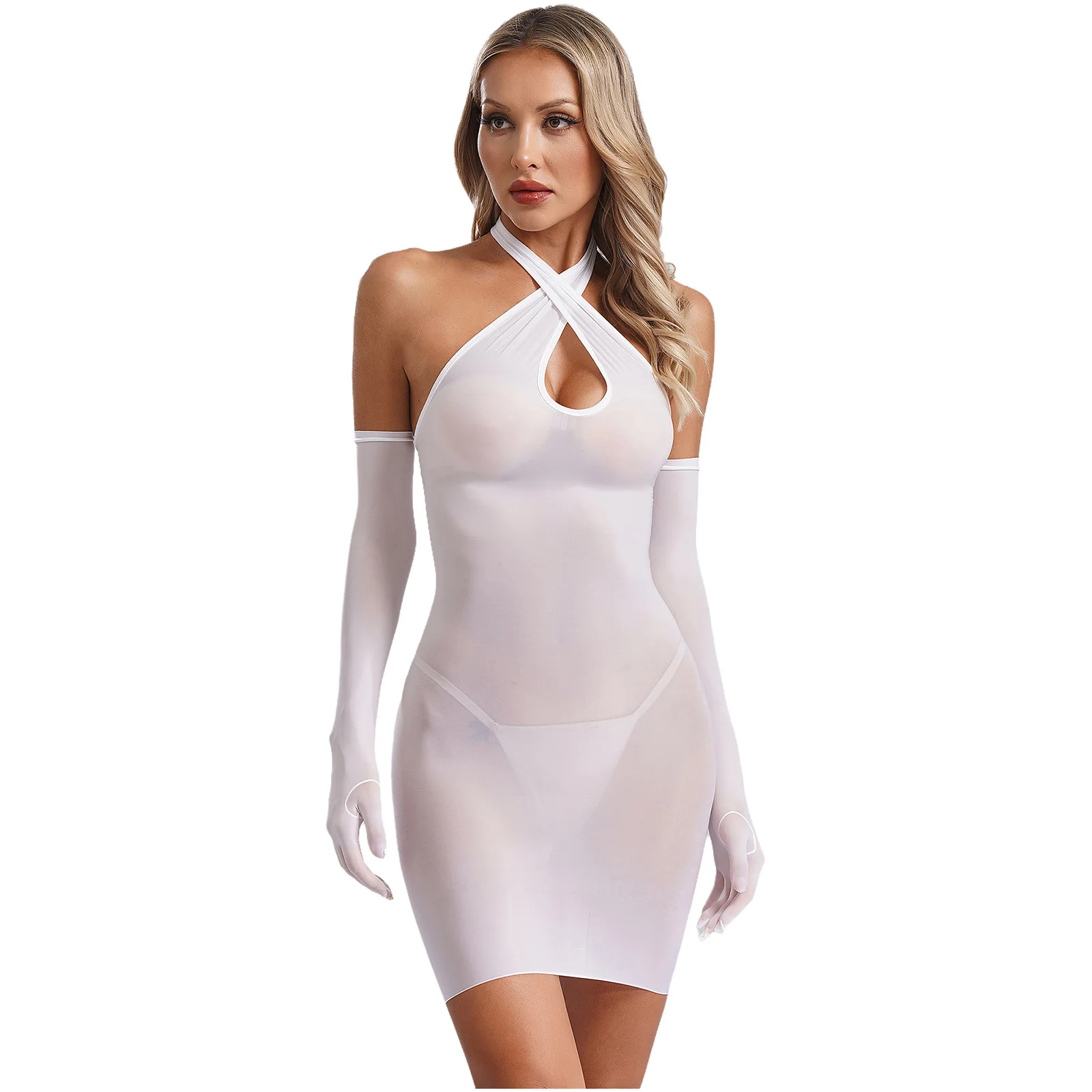 Womens Glossy See Through Bodycon Dress with Long Gloves Chest Crossing Halter Backless Dresses Sexy Lingerie Party Clubwear