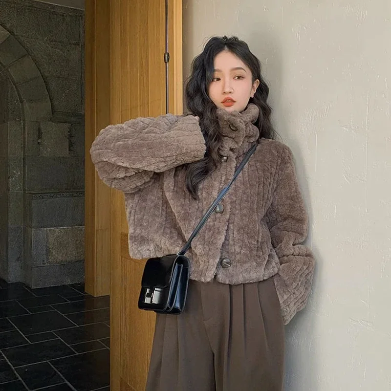 Fashion Korean Warm Fleece Coat Women Harajuku Stand Collar Long Sleeve Lambswool Jacket Female Winter Solid Short Fur Outerwear