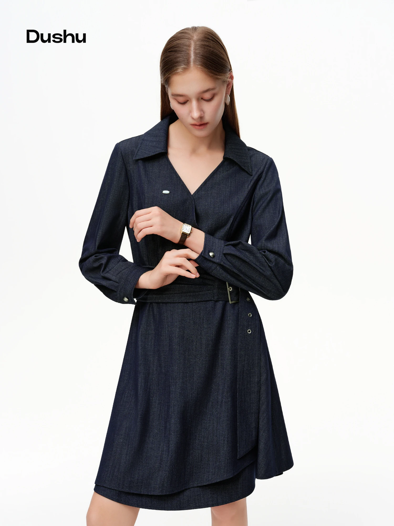 

DUSHU Fashion Commute Wrap Dress with Waist Tie Slim Fit Long Sleeve Bodycon Midi Dress, Office Chic Designer Women Dress