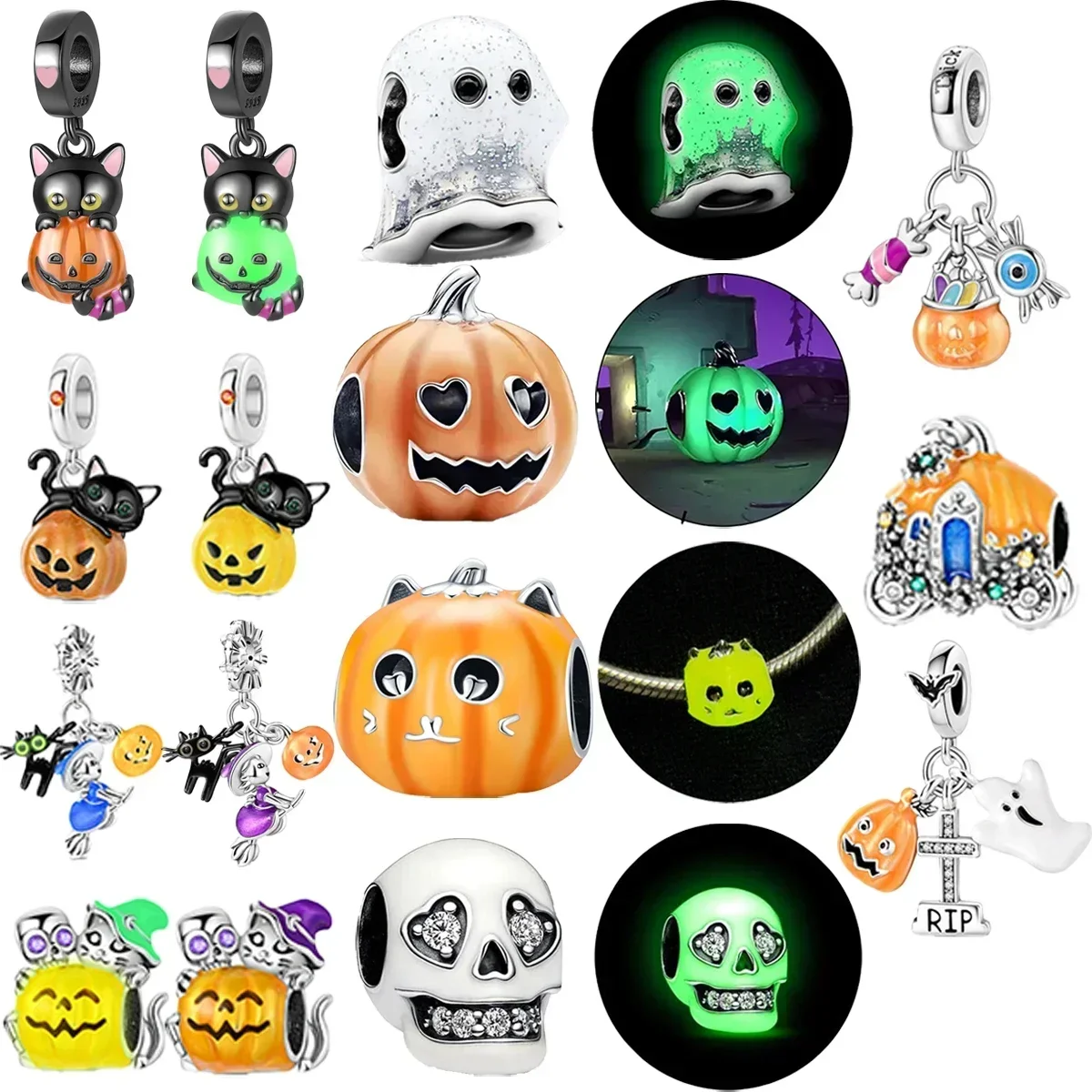 

Original 925 Sterling Silver Halloween Gift Black Cat Spider Skull Pumpkin Ghost Beads Charms for Pandora Bracelet DIY Jewellery