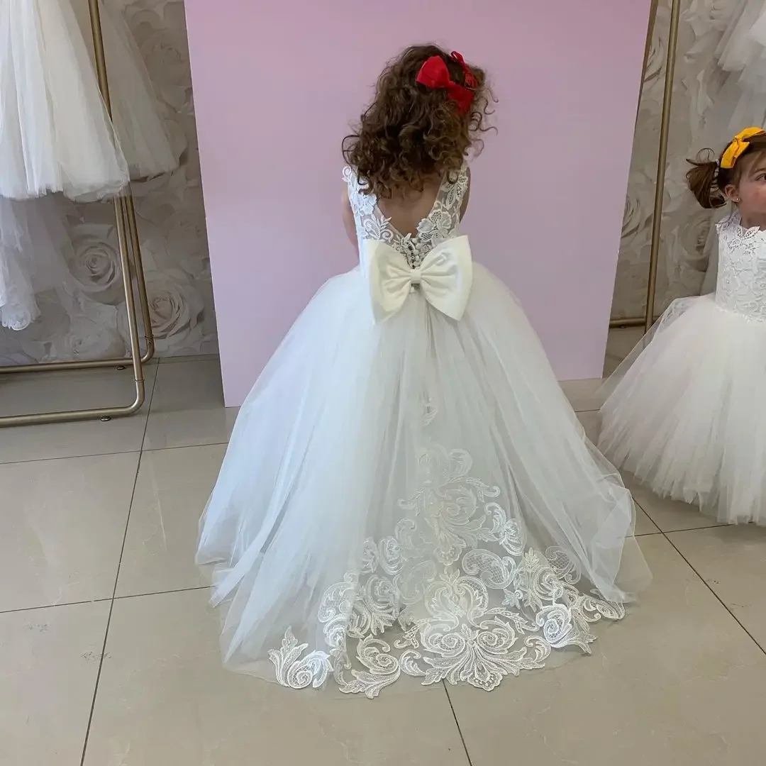 Lace Champagne Flower Girl Dress For Wedding White Long Sleeve With Bow Tulle Kids Princess First Communion Dresses Ball Gowns