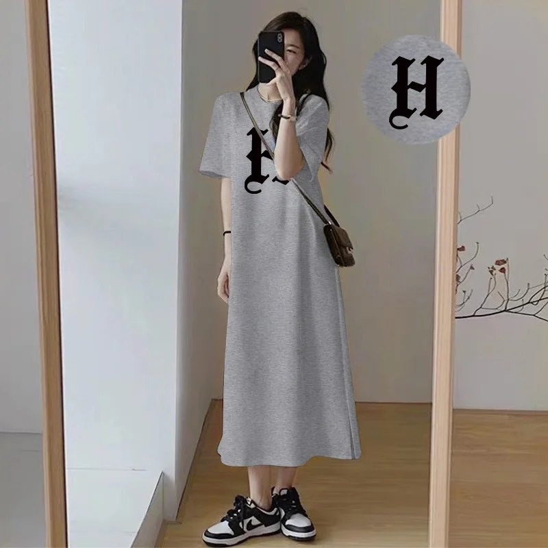 Women Casual Short Sleeve Maxi Dress Gothic Letter H Print Loose Oversized Side Split Summer Long T Shirt Dress view 3