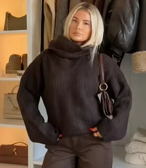Solid Turtleneck Knit Short Pullover Women Chic Scarf Collar Full Sleeves Loose Warm Sweater 2026 Lady Daily Street Pullovers