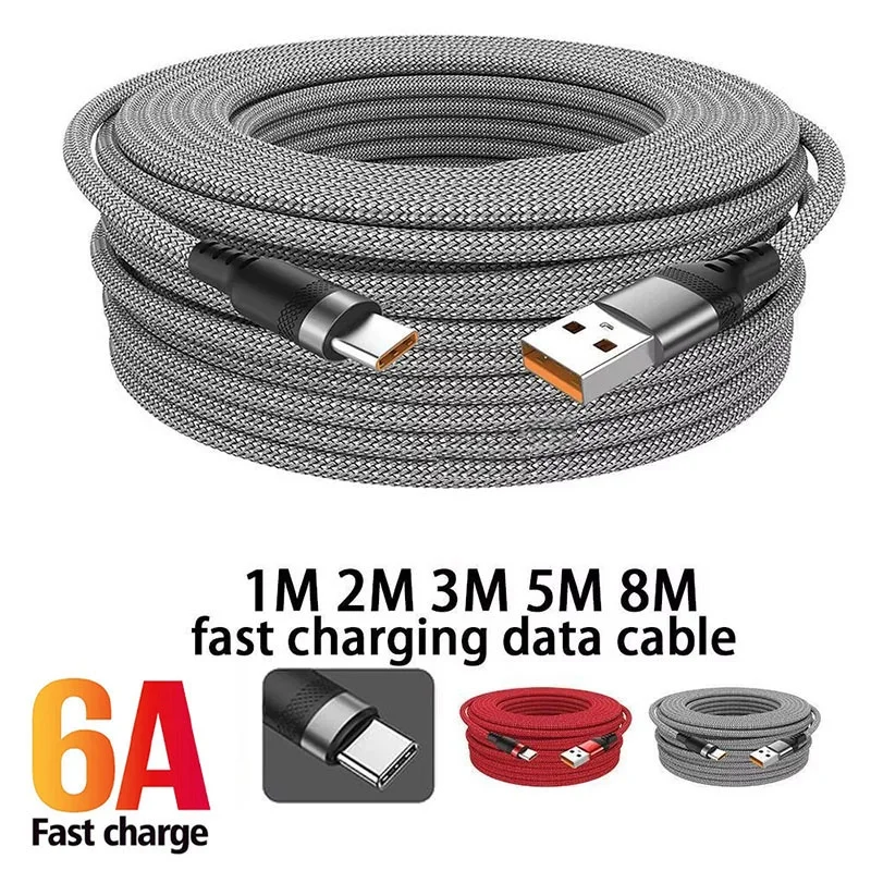 

1 м/3 м/5 м/8 м 6А удлиненный кабель для передачи данных нейлоновый удлинительный кабель USB типа C для быстрой зарядки для Huawei Xiaomi кабель для передачи данных кабели для зарядного устройства