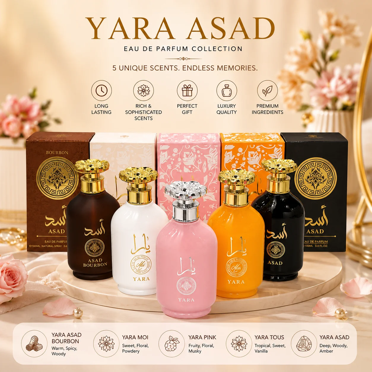 

Asad Yara Perfume EDP 100ml Long Lasting Arabic Fragrance - Asad Bourbon Original Yara Pink White Orange Moi Tous For Men Women